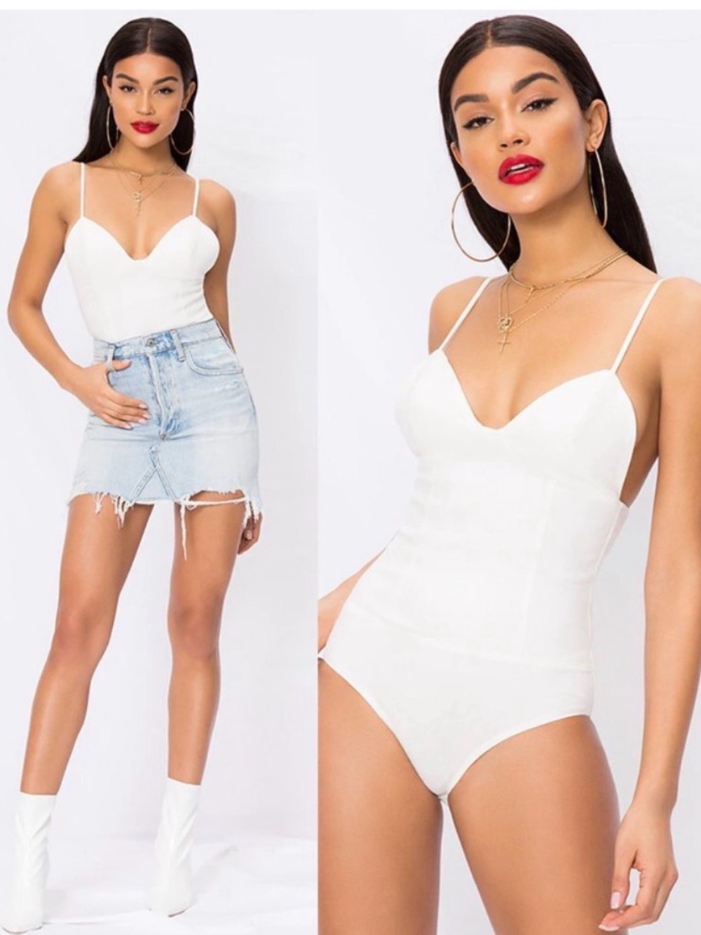 Superdown Rocky Denim Bodysuit Sleeveless Spaghetti Strap White Denim M